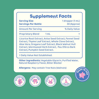 Herbal liquid supplement for children's digestive health Supplement Facts Label